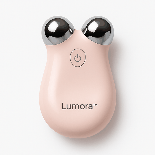 Lumora Microcurrent Facial Toning Device in pink with dual silver rounded massagers for lifting and toning skin naturally